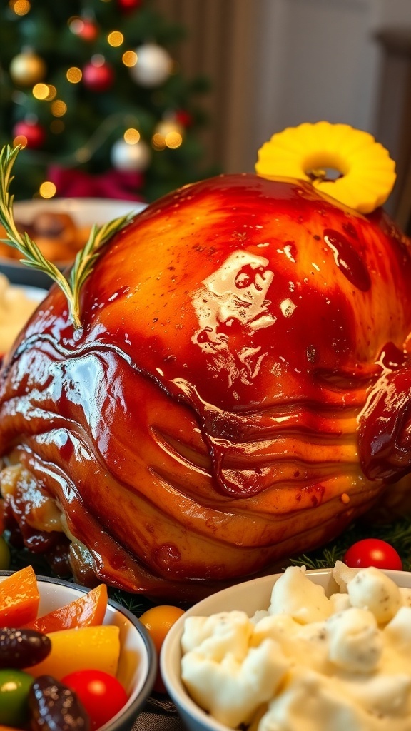 A honey glazed baked ham on a festive table with rosemary and pineapple, surrounded by holiday side dishes.